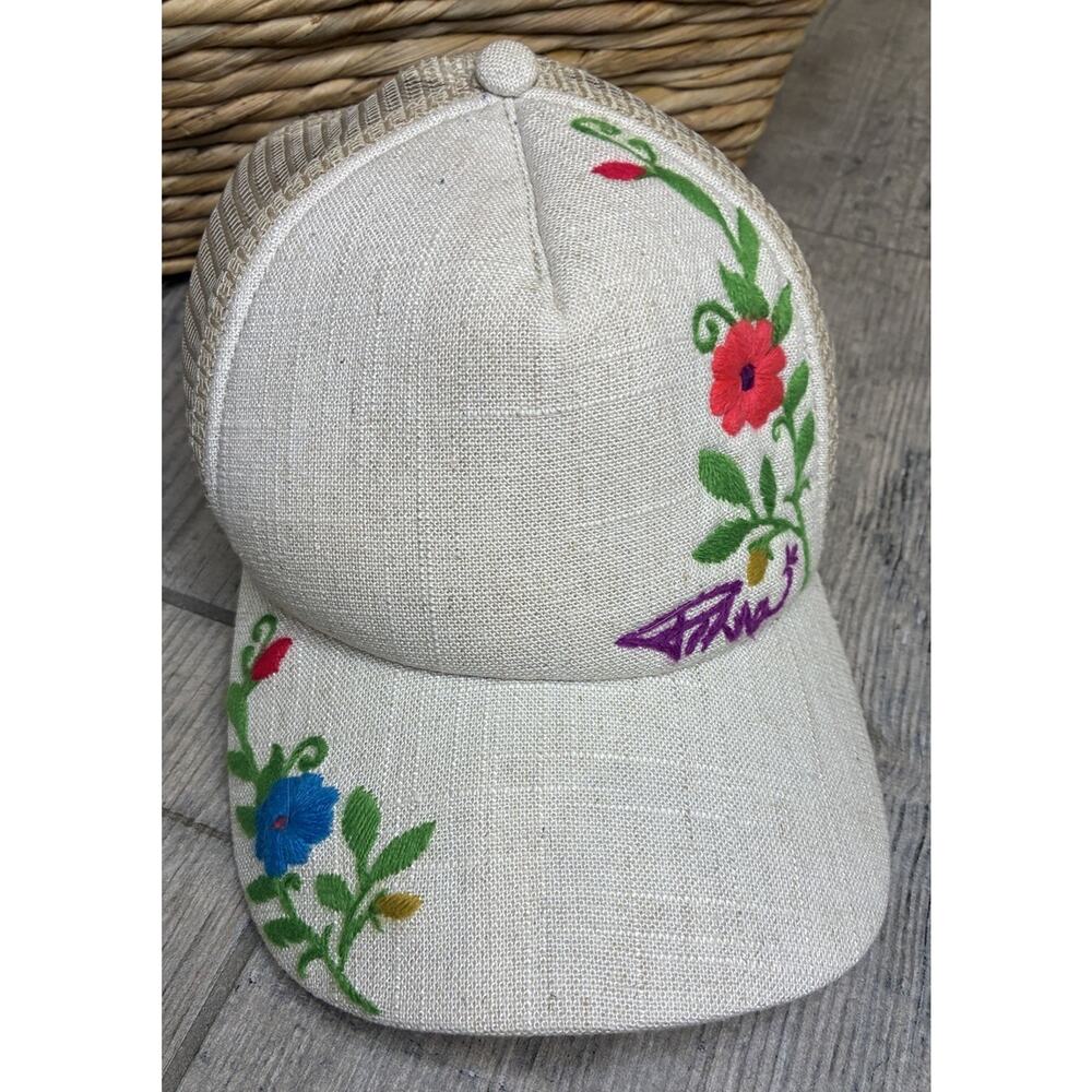 Retro prAna Embroidered Floral Mesh Trucker Hat Boho Cream